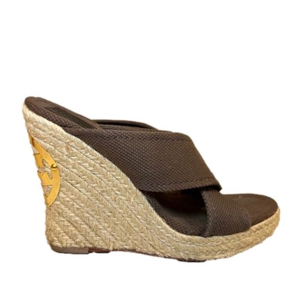 Tory Burch Chocolate Brown ‘Bailey’ Platform Wedge Espadrille Mule Size 8.5M - Picture 4 of 9